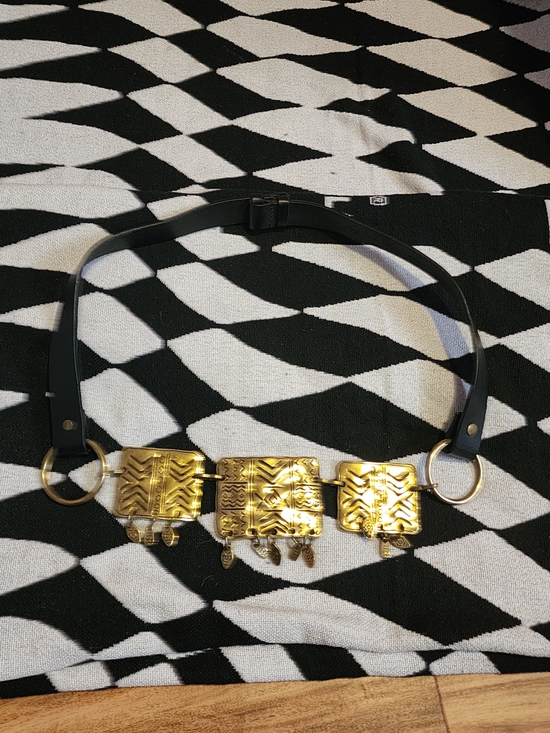Chico's Accessories - Chico's Black Leather Belt with Gold Tribal Accent Panels - Women Accessories